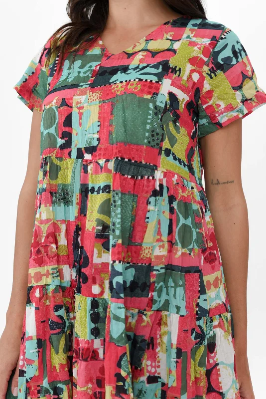 Lania Pink Patchwork Crinkle Cotton Dress