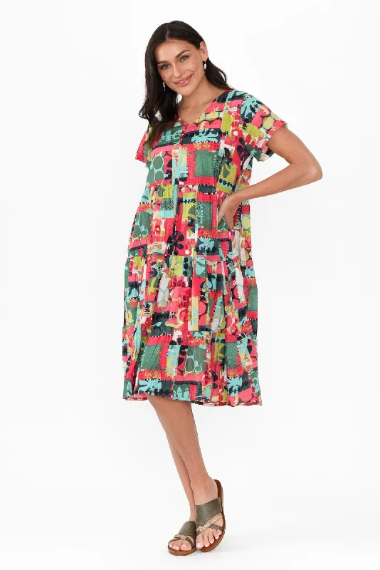 Lania Pink Patchwork Crinkle Cotton Dress