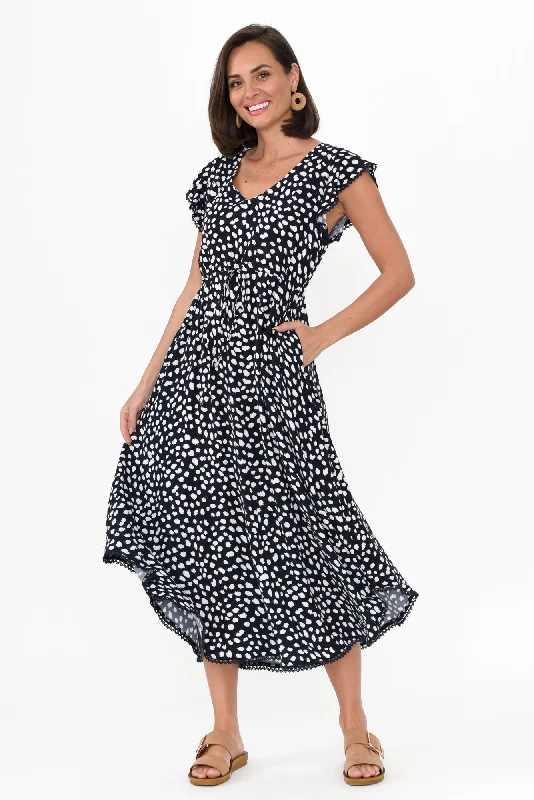 Libby Navy Spot Midi Dress