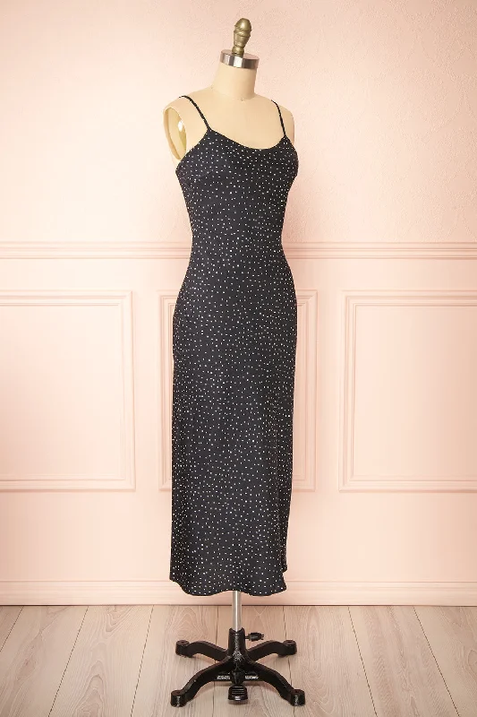 Rebby Polka Dot Black | Silky Fitted Midi Dress