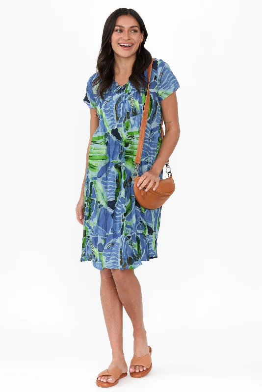 Sabina Blue Mosaic Crinkle Cotton Dress