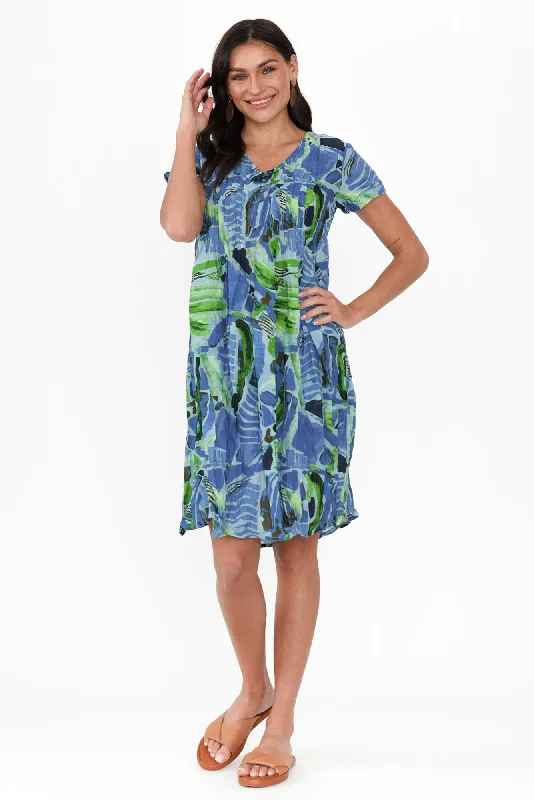 Sabina Blue Mosaic Crinkle Cotton Dress