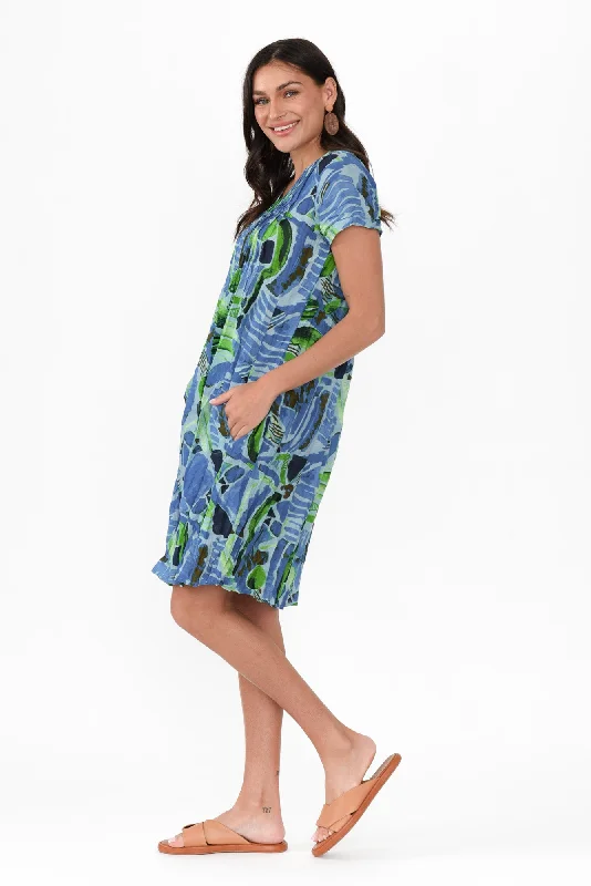 Sabina Blue Mosaic Crinkle Cotton Dress