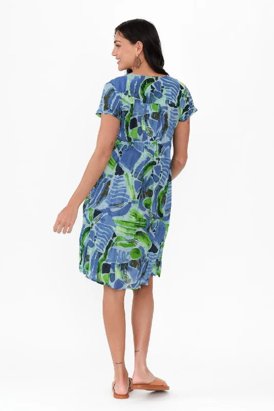 Sabina Blue Mosaic Crinkle Cotton Dress