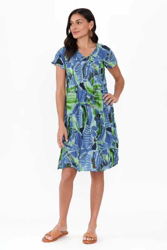 Sabina Blue Mosaic Crinkle Cotton Dress