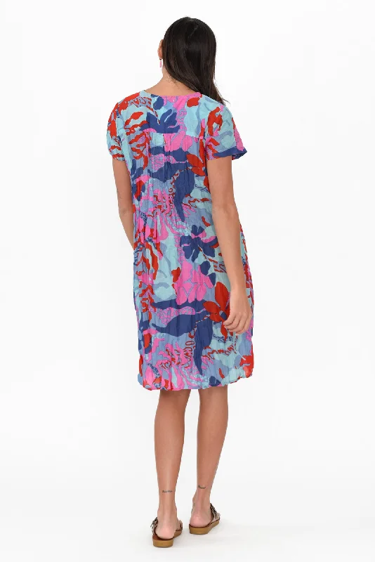 Sabina Blue Tropical Crinkle Cotton Dress