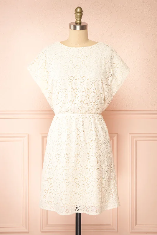 Skileta | Lace Short Ivory Dress w/ Batwing Sleeve