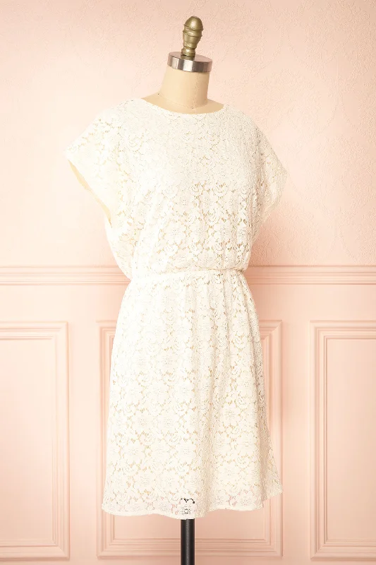 Skileta | Lace Short Ivory Dress w/ Batwing Sleeve