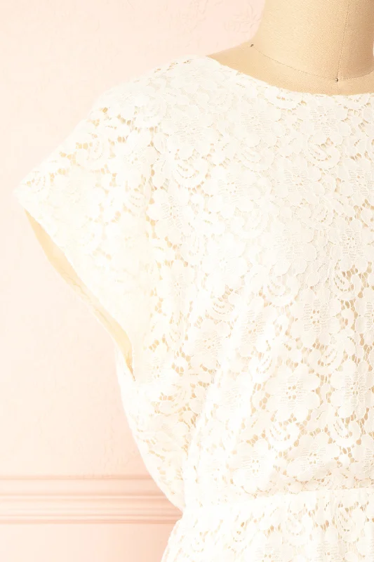 Skileta | Lace Short Ivory Dress w/ Batwing Sleeve