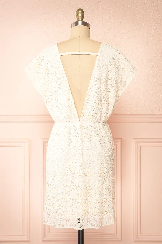 Skileta | Lace Short Ivory Dress w/ Batwing Sleeve