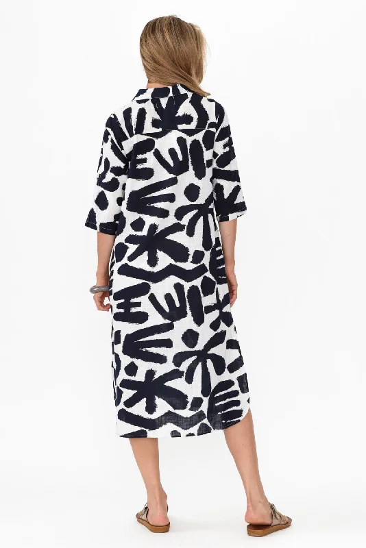 Tricia Navy Abstract Cotton Shirt Dress