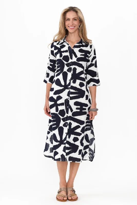 Tricia Navy Abstract Cotton Shirt Dress