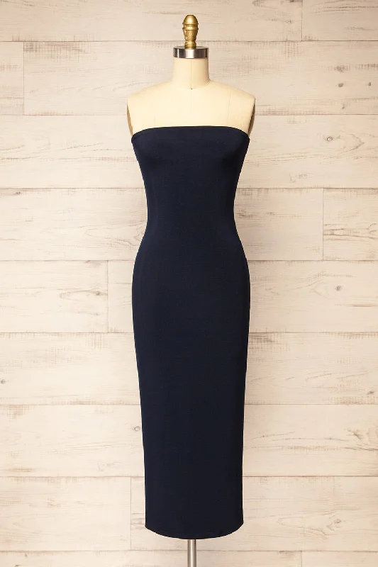 Victorya Navy | Strapless Fitted Midi Dress