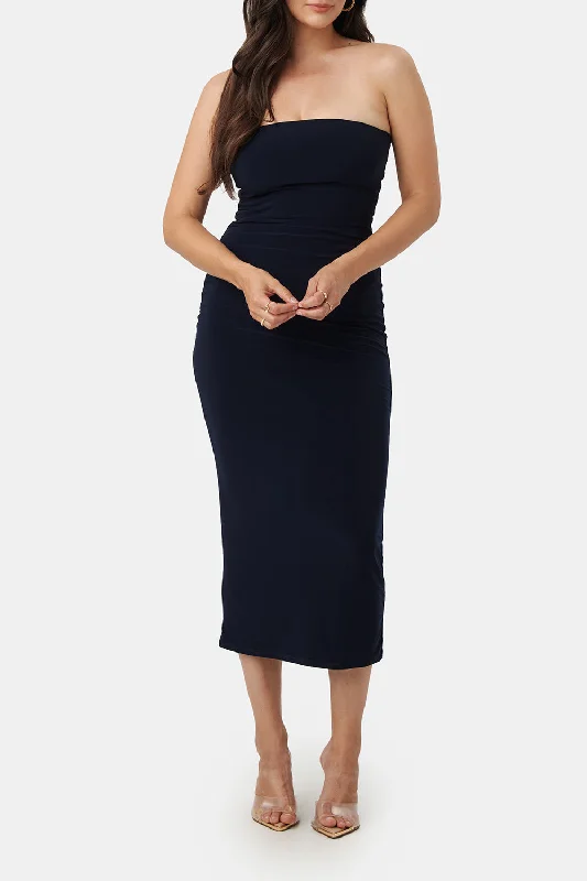 Victorya Navy | Strapless Fitted Midi Dress