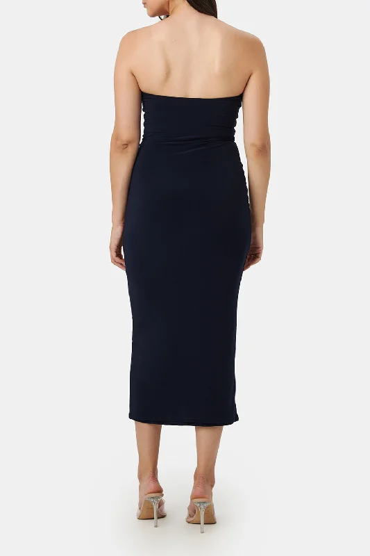 Victorya Navy | Strapless Fitted Midi Dress