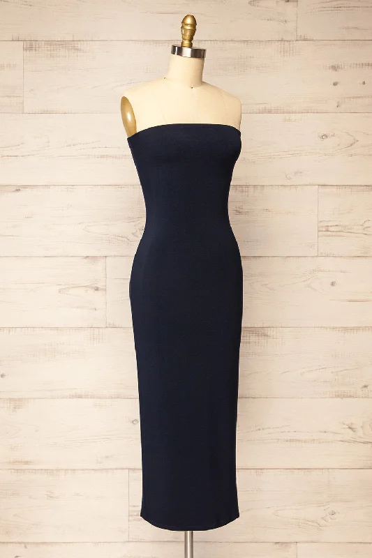 Victorya Navy | Strapless Fitted Midi Dress