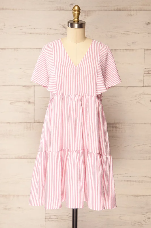 Vika Pink | Striped Short Dress w/ Short Sleeves