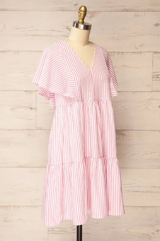 Vika Pink | Striped Short Dress w/ Short Sleeves