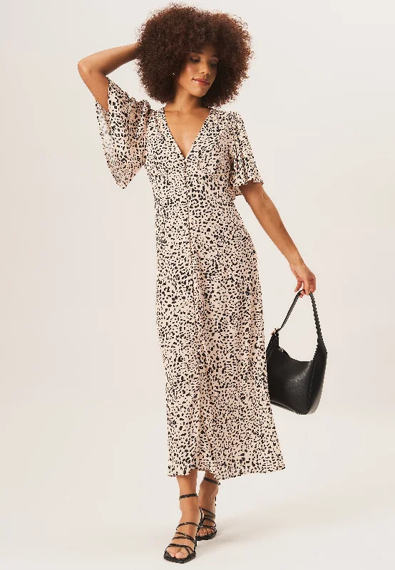 Beige Animal Print Button Down Midi Dress