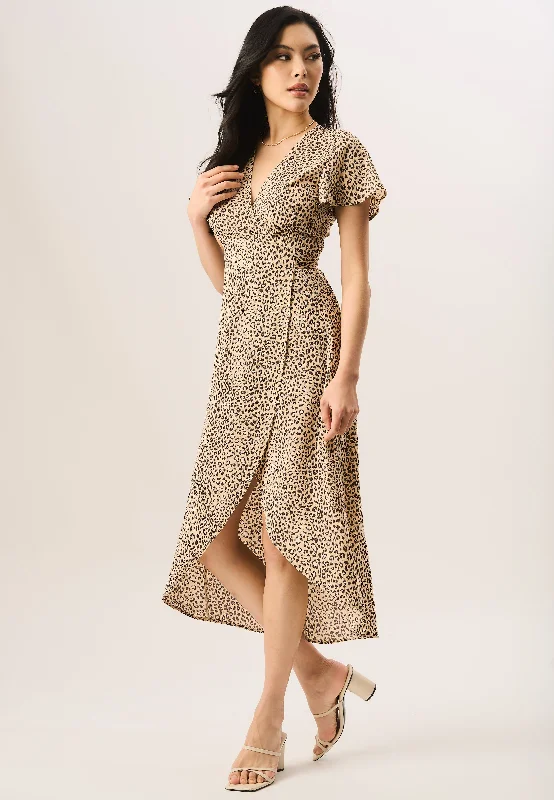 Beige Animal Printed Wrap Midi Dress