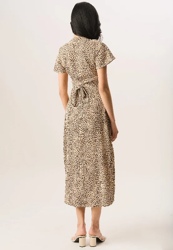 Beige Animal Printed Wrap Midi Dress