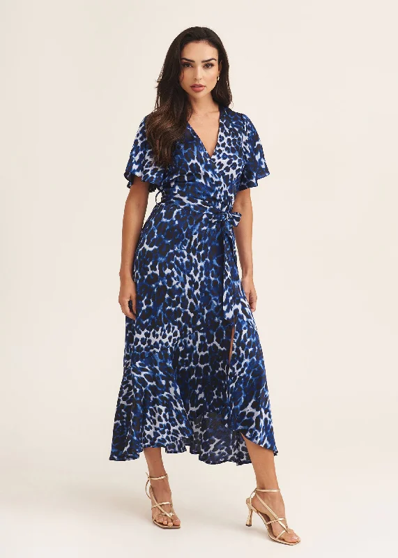 Blue Animal Print Wrap Occassion Midi Dress