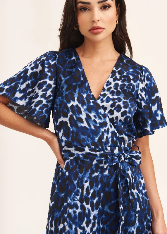 Blue Animal Print Wrap Occassion Midi Dress