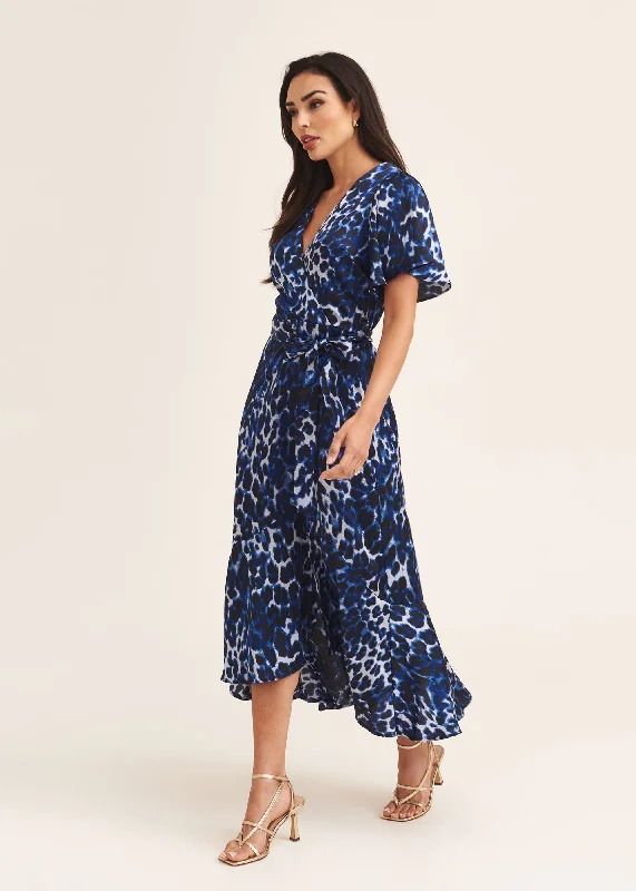 Blue Animal Print Wrap Occassion Midi Dress