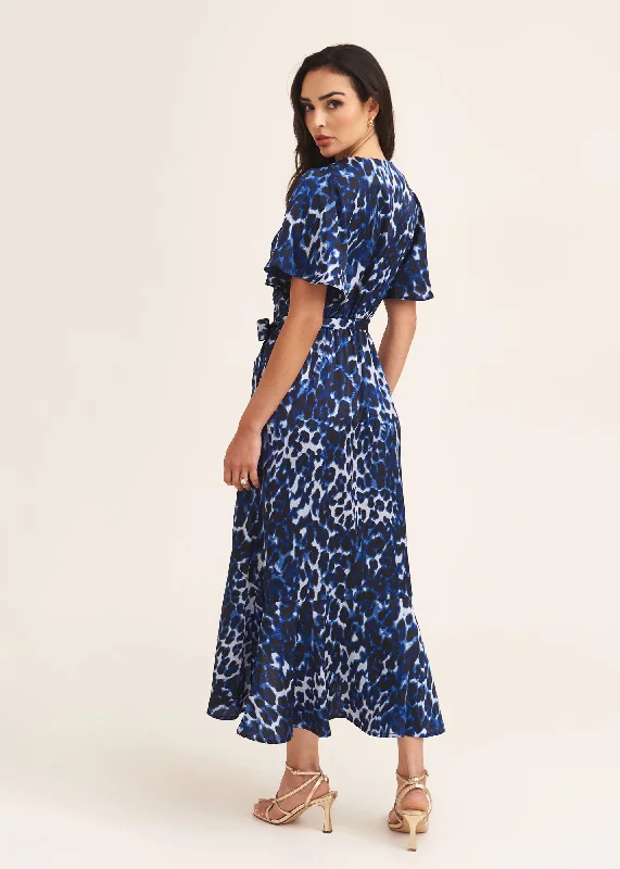 Blue Animal Print Wrap Occassion Midi Dress