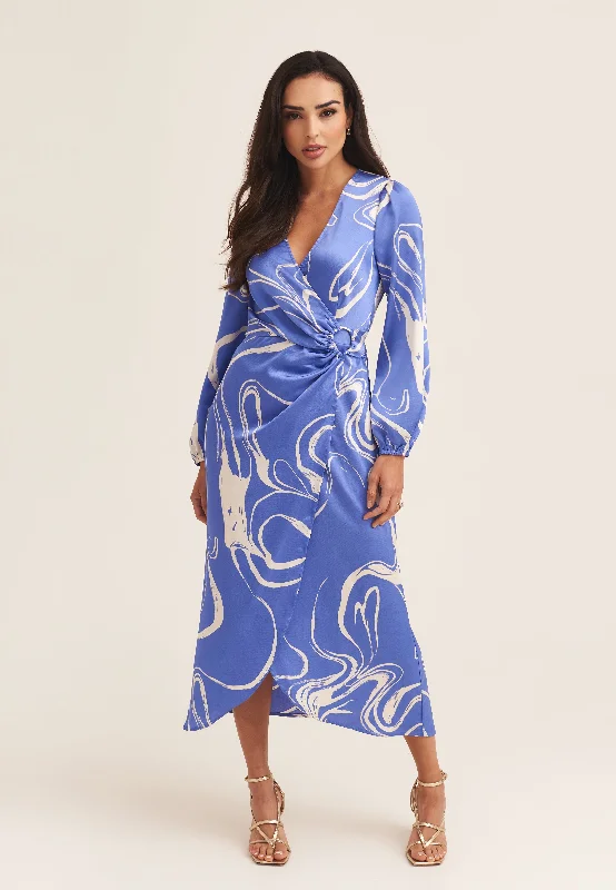 Blue Swirl Print Ring Detail Wrap Midi Dress