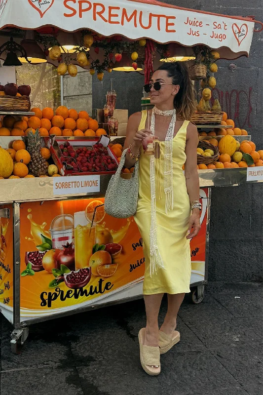 Daphne Yellow Satin Midi Dress