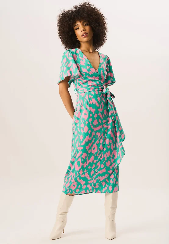 Green Abstract Print Belted Wrap Dress