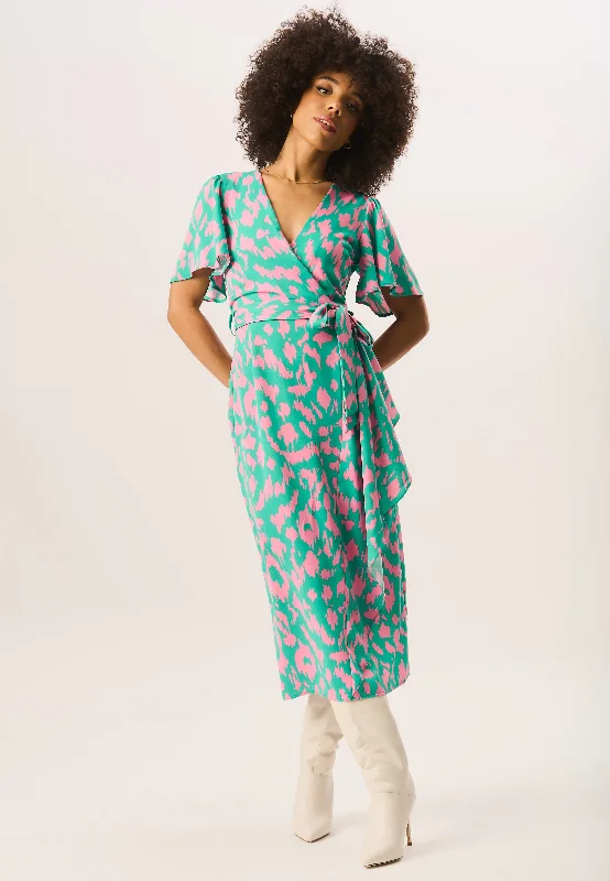 Green Abstract Print Belted Wrap Dress