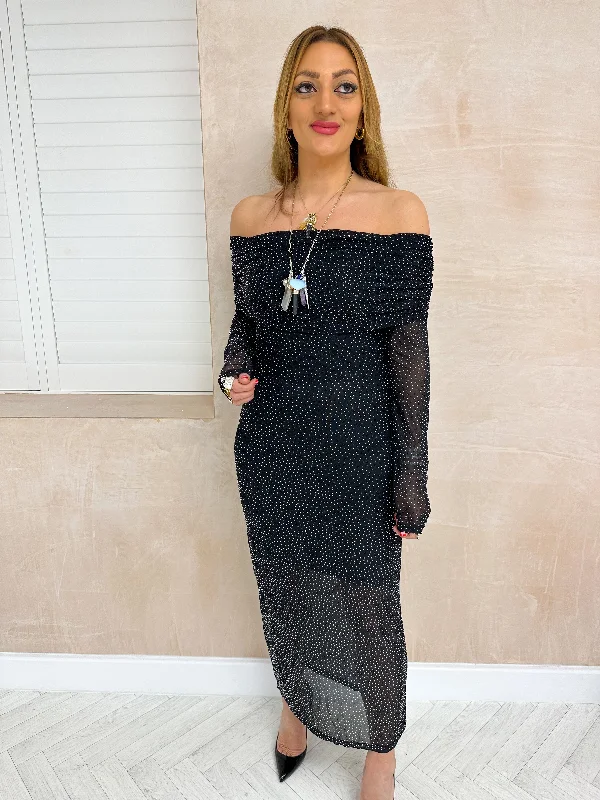 Diamante/Glitter Bardot Maxi Dress In Black