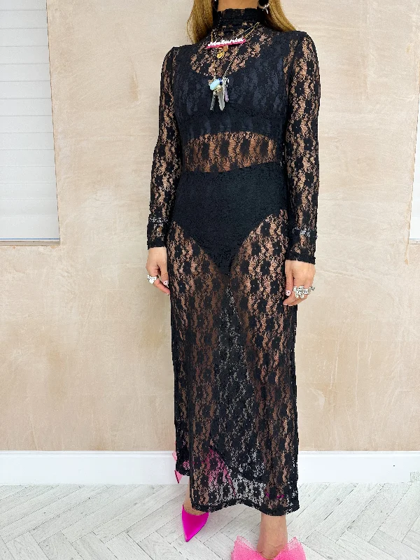 Sheer Lace Midi Dress In Black