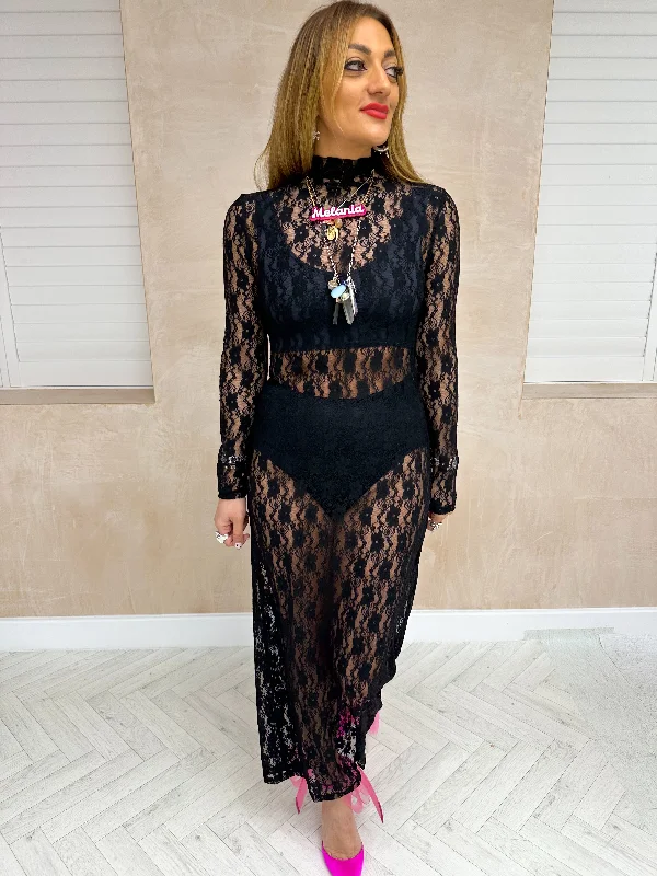 Sheer Lace Midi Dress In Black