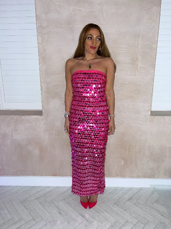 The Mermaid Scattered Sequin Midi Dress In Pink