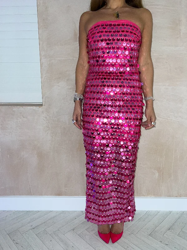 The Mermaid Scattered Sequin Midi Dress In Pink