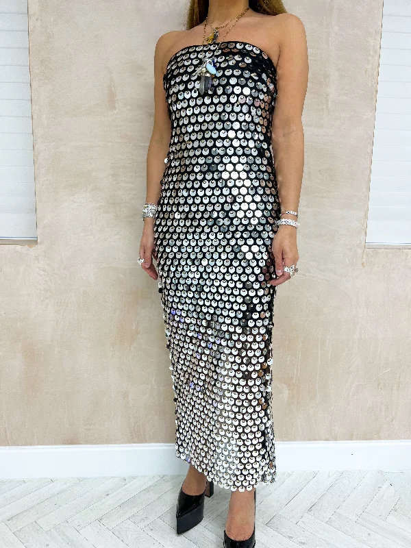 The Mermaid Scattered Sequin Midi Dress In Silver/Black