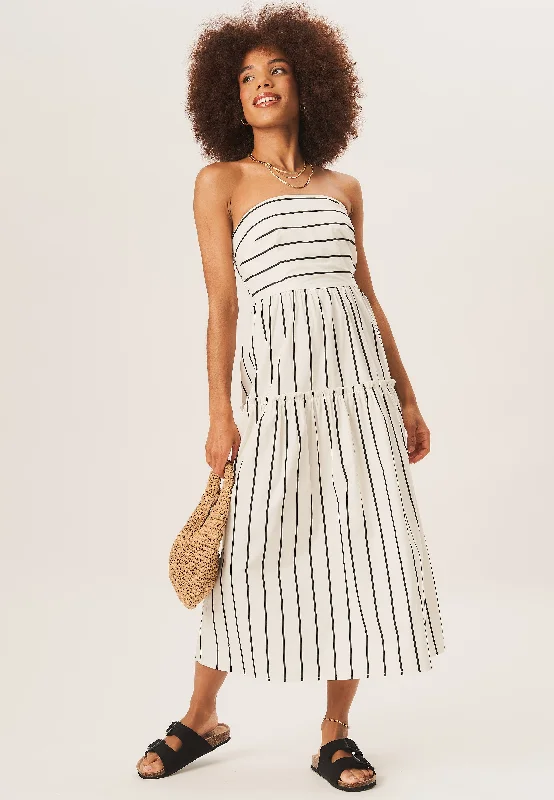 White Cotton Stripe Bandeau Skater Midi Dress